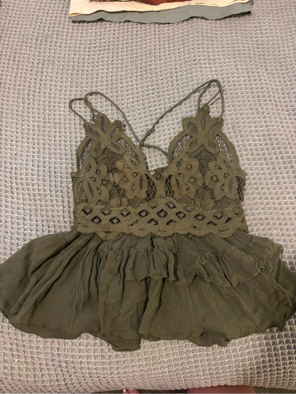 Free People Olive Crochet Lace Peplum Camisole Top